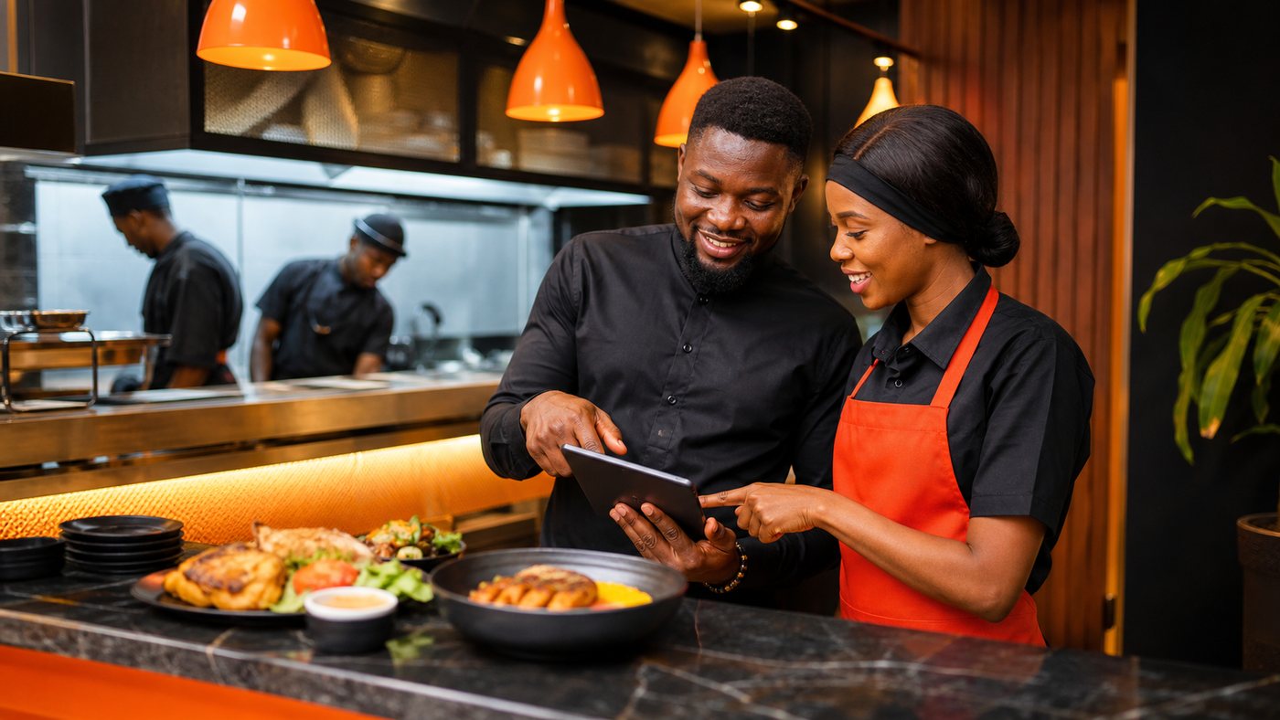Équipe restaurant suivant les commandes sur tablette