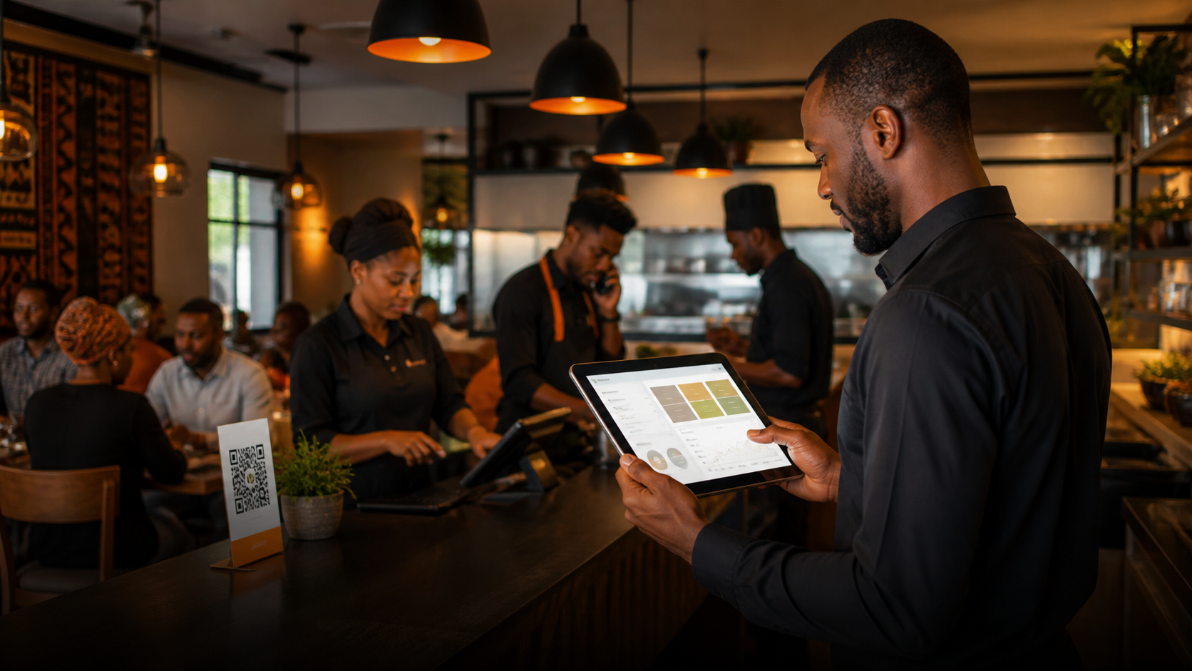 Gérant de restaurant pilotant les commandes QR Sen-Restau sur tablette